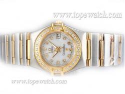 Omega Constellation Two Tone Diamond Bezel and Marking with White Dial