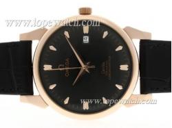 Omega De Ville Automatic Rose Gold Case with Black Dial-Leather Strap