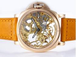 Panerai Skeleton Unitas 6497 Movement Manaul Winding Rose Gold Case with Golden Skeleton Dial New Version