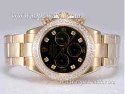 Rolex Daytona Chronograph Asia Valjoux 7750 Movement Full Gold with Diamond Bezel-Black Dial