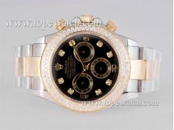 Rolex Daytona Chronograph Asia Valjoux 7750 Movement Two Tone with Diamond Bezel-Black Dial