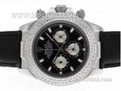 Rolex Daytona Working Chronograph Diamond Bezel Stick Marking with Black Dial-Leather Strap