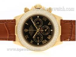 Rolex Daytona Working Chronograph Gold Case Diamond Bezel Roman Marking with Black Dial-Leather Strap