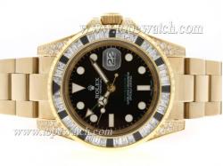 Rolex GMT-Master II Automatic Full Gold Black CZ Diamond Bezel with Black Dial