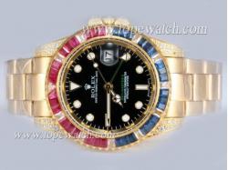 Rolex GMT-Master II Automatic Full Gold Square Red & Blue Diamond Bezel with Black Dial