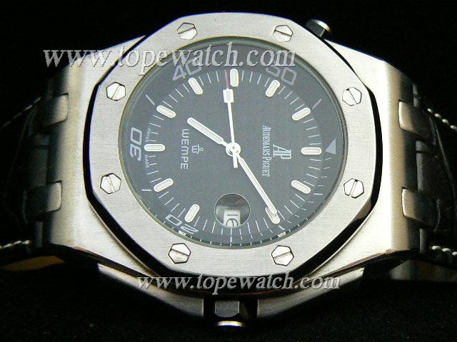 Replica Audemars Piguet_Black Leather Band_Silver Case_Black Face_42mm/12mm