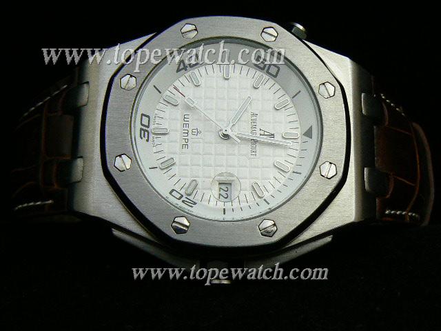 Replica Audemars Piguet_Black Leather Band_Silver Case_White Face_42mm/12mm