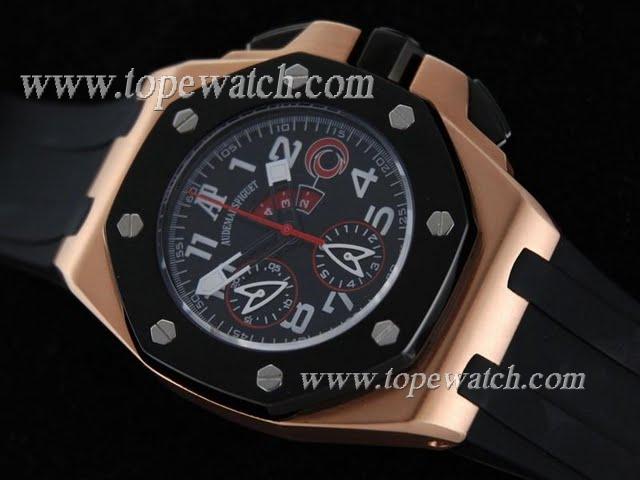 Replica Audemars Piguet_Black Rubber Band_Rose Gold Case_Black Face_45mm/15.5mm_Quartz