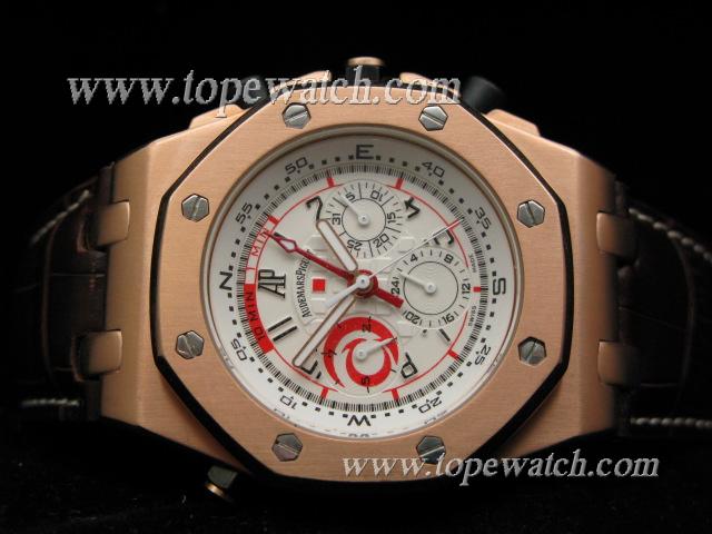 Replica Audemars Piguet_Brown Leather Band_Rose Gold Case_White Face_43mm/14mm