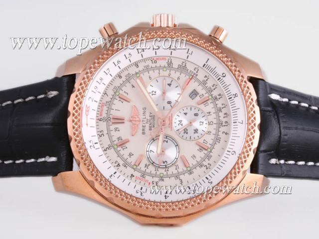 Replica Breitling for Bentley Motors Chronograph Automatic Rose Gold Case with White Dial-Black Leather Strap