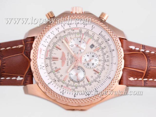 Replica Breitling for Bentley Motors Chronograph Automatic Rose Gold Case with White Dial-Brown Leather Strap