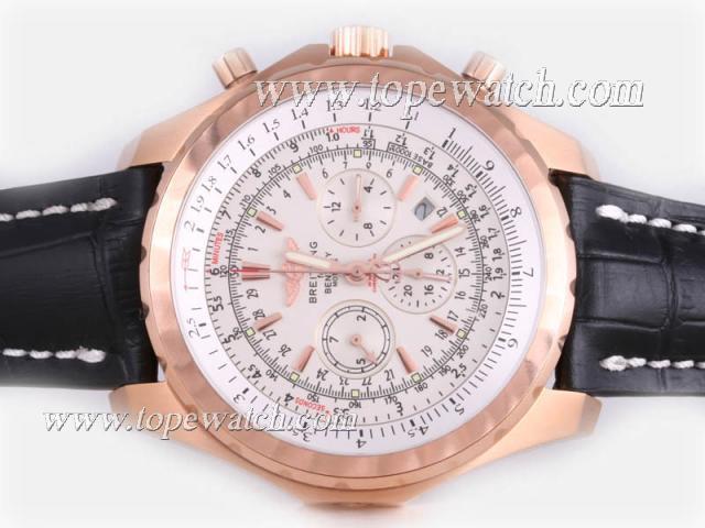 Replica Breitling for Bentley Motors T Chronograph Automatic Rose Gold Case with White Dial-Black Leather Strap