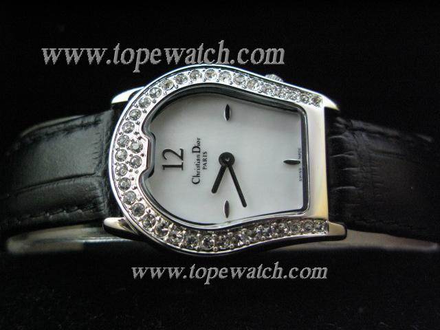 Replica Dior DO-001 003 DIAMOND BEZEL WITHE WITH BLACK LEATHER