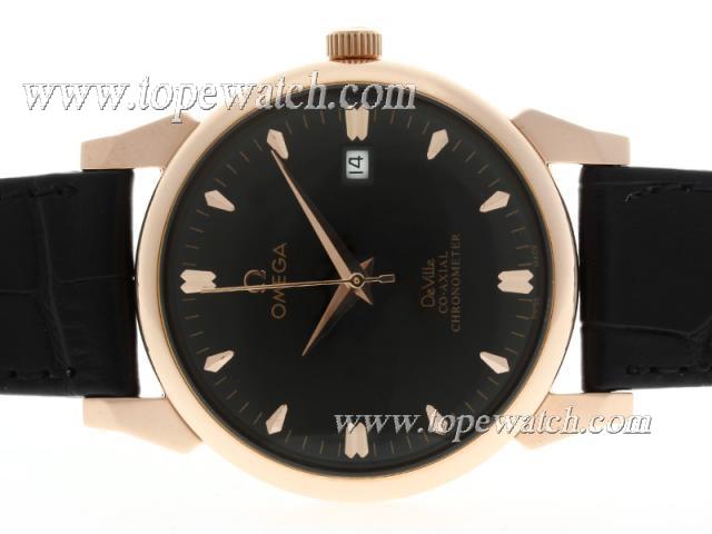 Replica Omega De Ville Automatic Rose Gold Case with Black Dial-Leather Strap