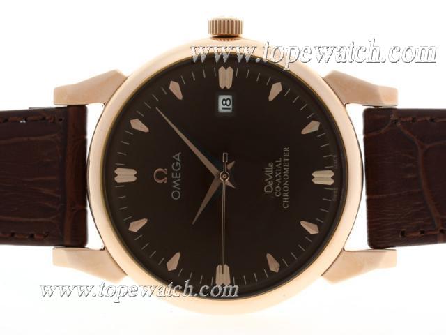 Replica Omega De Ville Automatic Rose Gold Case with Brown Dial-Leather Strap