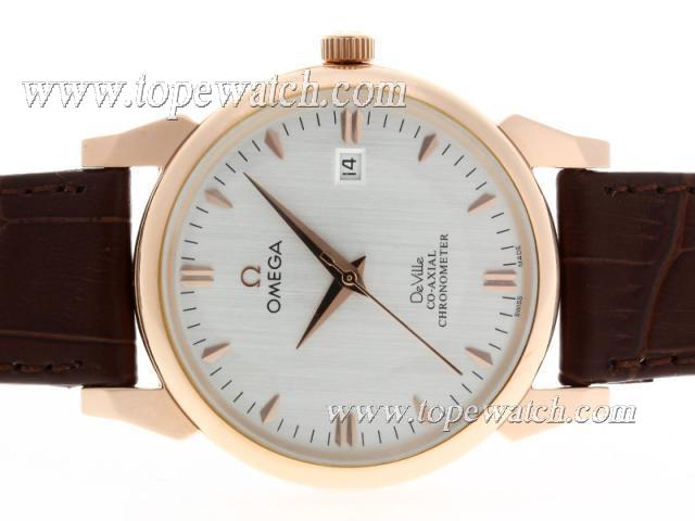 Replica Omega De Ville Automatic Rose Gold Case with Silver Dial-Leather Strap