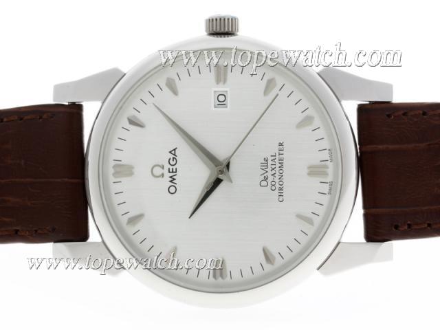 Replica Omega De Ville Automatic with Silver Dial-Leather Strap