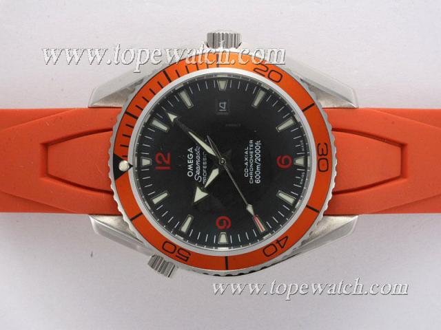 Replica Omega Seamaster Planet Ocean Automatic Black Dial with Orange Bezel and Rubber Strap