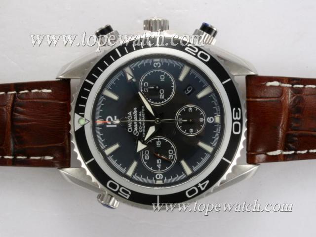 Replica Omega Seamaster Planet Ocean Chronograph Asia Valjoux 7750 Movement AR Coating with Black Dial and Bezel