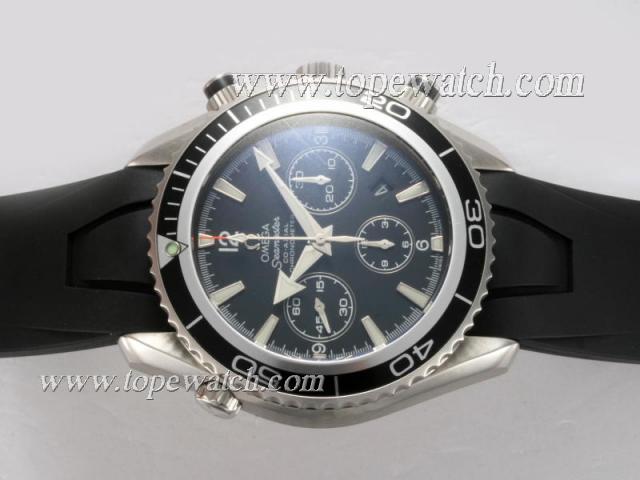 Replica Omega Seamaster Planet Ocean Chronograph Asia Valjoux 7750 Movement AR Coating with Black Dial and Bezel-Rubber Strap