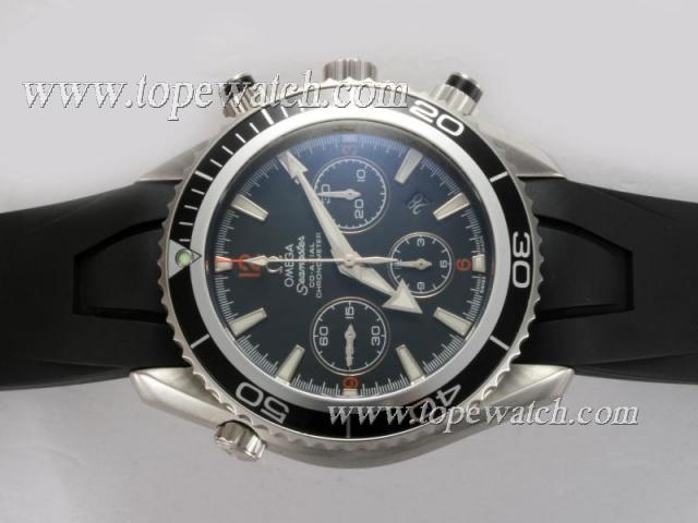 Replica Omega Seamaster Planet Ocean Chronograph Asia Valjoux 7750 Movement Black Dial with AR Coating -Rubber Strap