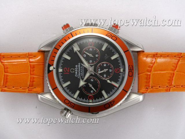 Replica Omega Seamaster Planet Ocean Chronograph Automatic with Black Dial-Orange Bezel and Strap