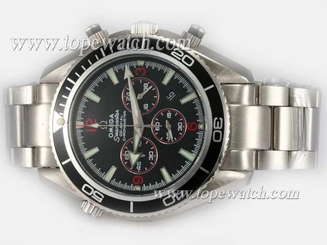 Replica Omega Seamaster Planet Ocean Working Chronograph with Black Bezel-Red marking