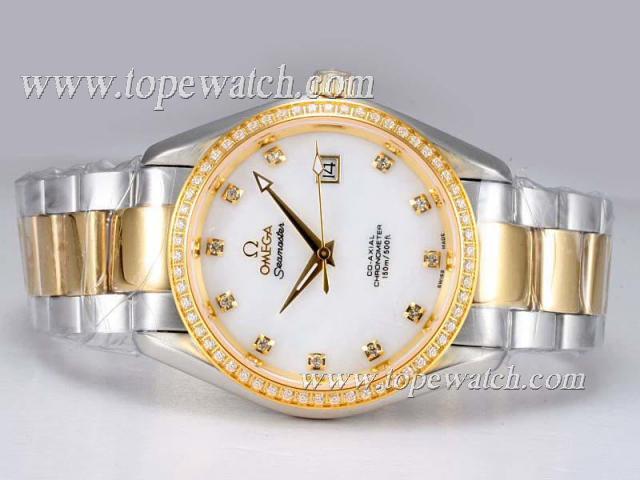 Replica Omega Seamaster Swiss ETA 2836 Movement Two Tone with Diamond Bezel-MOP Dial