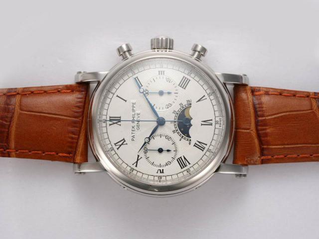 Replica Patek Philippe Classic Chronograph Lemania Movement Moonphase with White Dial