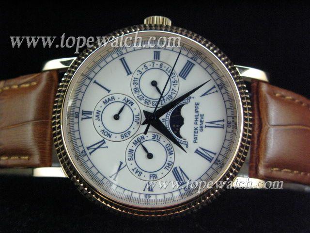 Replica Patek Philippe PP-105 ROSE GOLD CASE WHITE ROMAN AUTO BROWN