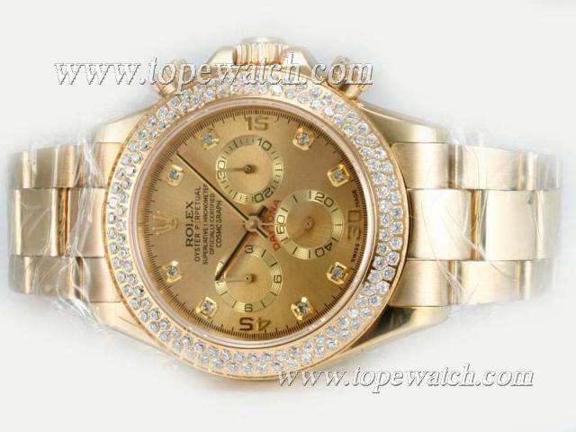 Replica Rolex Daytona Chronograph Asia Valjoux 7750 Movement Full Gold with Diamond Bezel-Golden Dial