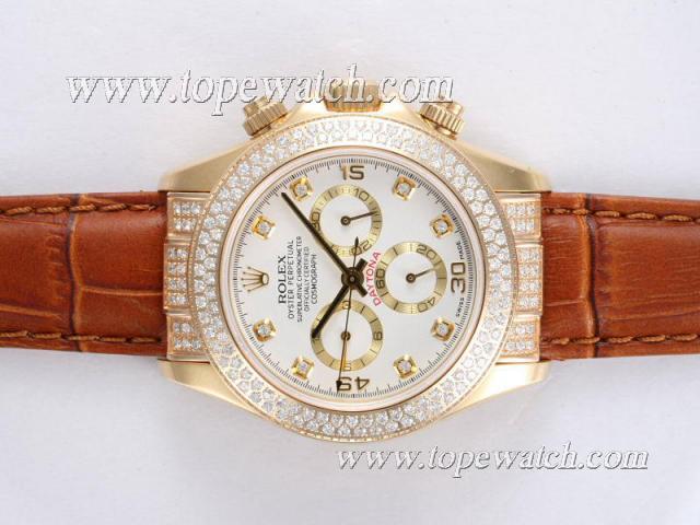 Replica Rolex Daytona Chronograph Asia Valjoux 7750 Movement Full Gold with Diamond Bezel-White Dial