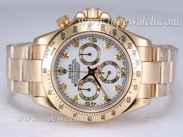 Replica Rolex Daytona Chronograph Asia Valjoux 7750 Movement Full Gold with White Dial