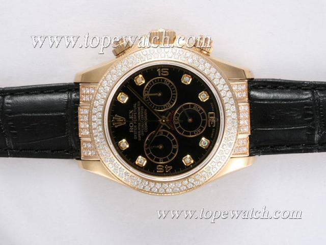 Replica Rolex Daytona Chronograph Asia Valjoux 7750 Movement Gold Case with Diamond Bezel-Black Dial