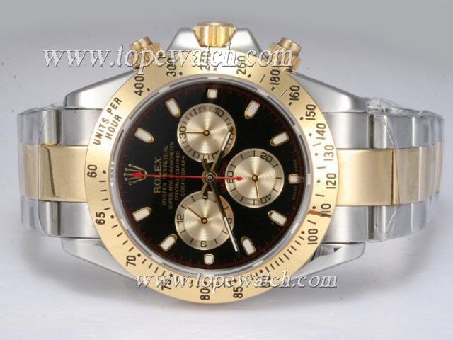 Replica Rolex Daytona Chronograph Asia Valjoux 7750 Movement Two Tone with Black Dial