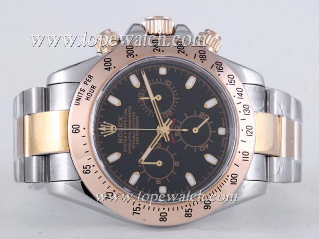 Replica Rolex Daytona Chronograph Asia Valjoux 7750 Movement Two Tone with Black Dial