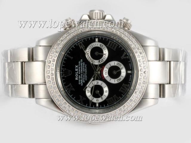 Replica Rolex Daytona Chronograph Automatic Diamond Bezel with Black Dial-Roman Marking