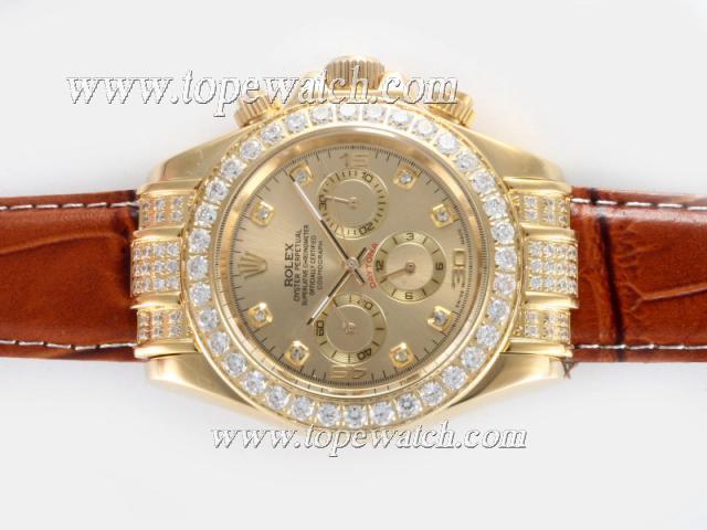 Replica Rolex Daytona Chronograph Automatic Gold Case Diamond Marking and Bezel with Golden Dial