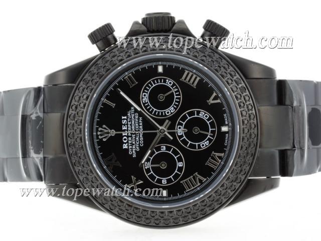 Replica Rolex Daytona Working Chronograph Full PVD Diamond Bezel with Black Dial-Roman Marking