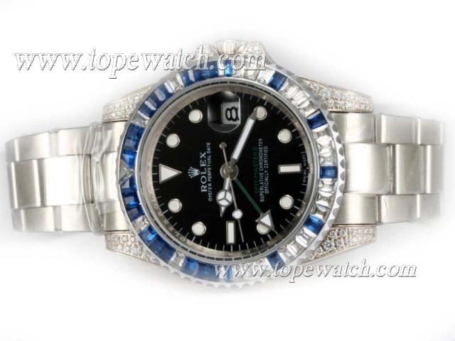 Replica Rolex GMT-Master II Automatic Baguette CZ Diamond Bezel with Black Dial