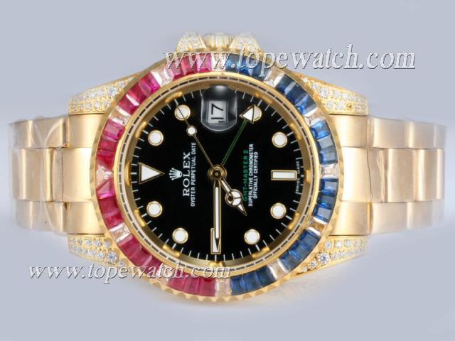 Replica Rolex GMT-Master II Automatic Full Gold Square Red & Blue Diamond Bezel with Black Dial