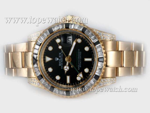 Replica Rolex GMT-Master II Automatic Full Gold With Baguette CZ Diamond Bezel