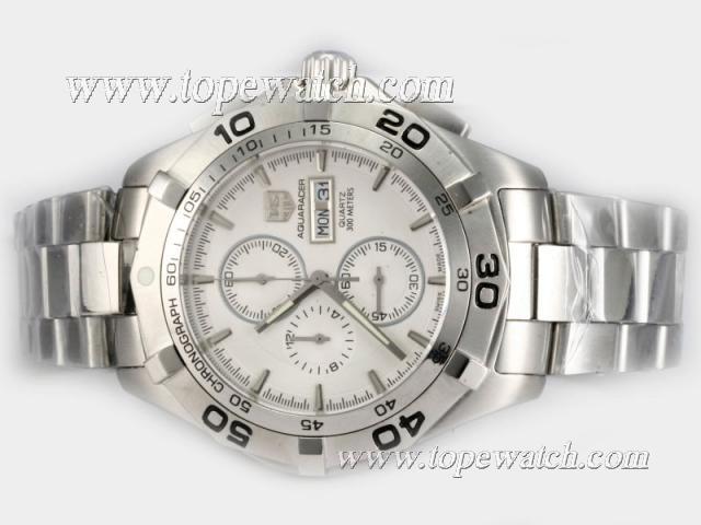 Replica Tag Heuer Aquaracer 300 Meters Chrono Day Date Working Chronograph with White Dial-Same Chassis As 7750 Version-Sapphire Glass