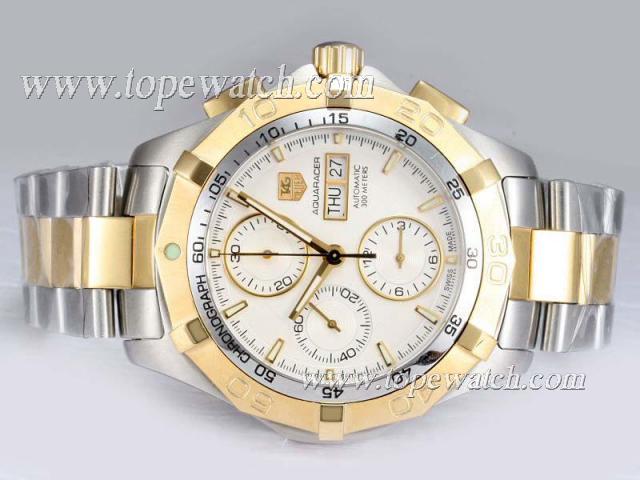 Replica Tag Heuer Aquaracer Chrono Day-Date Asia Valjoux 7750 Movement Two Tone with White Dial-AR Coating