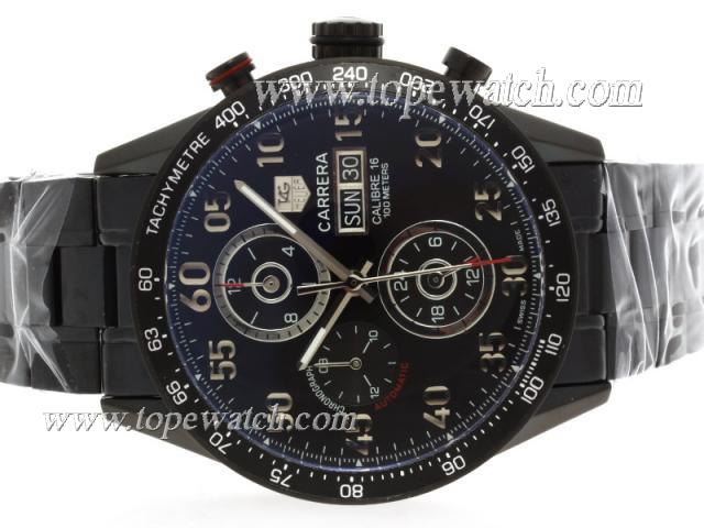 Replica Tag Heuer Carrera Calibre 16 Chronograph Automatic Full PVD with Black Dial-Same Chassis As ETA Version-High Quality