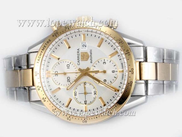 Replica Tag Heuer Carrera Chronograph Asia Valjoux 7750 Movement Two Tone with White Dial