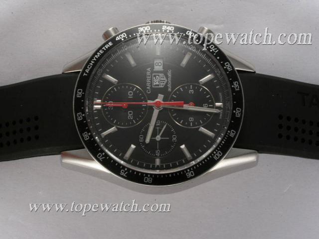 Replica Tag Heuer Carrera Chronograph Asia Valjoux 7750 Movement with Black Dial and Bezel-Rubber Strap