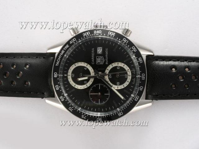 Replica Tag Heuer Carrera Chronograph Automatic Black Dial and Bezel with Deployment Buckle Same Chassis As 7750-High Quality