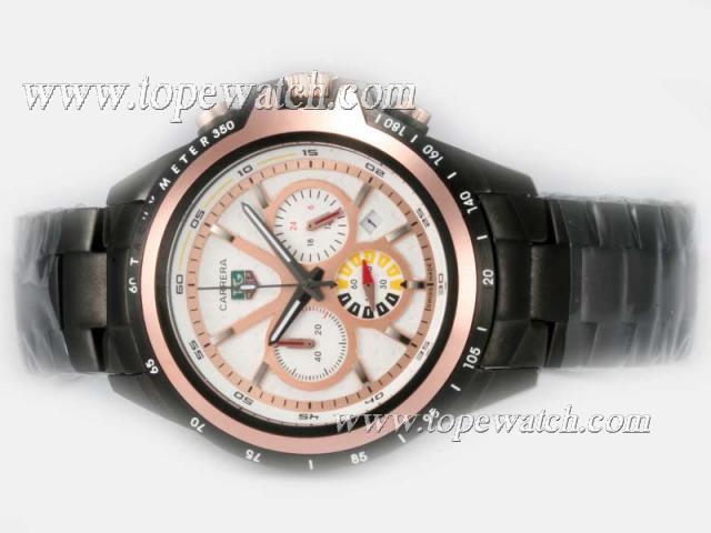 Replica Tag Heuer Carrera Working Chronograph Full PVD Rose Gold Bezel with White Dial-New Version