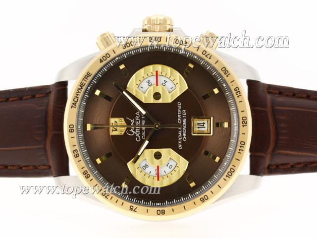 Replica Tag Heuer Grand Carrera Calibre 17 Working Chrono Two Tone Case with Brown Dial-Same Structure As ETA Version-High Quality